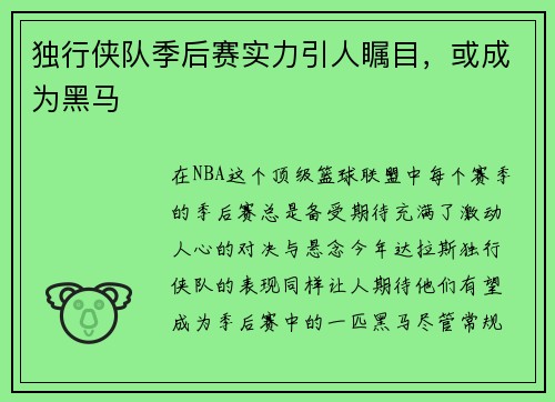独行侠队季后赛实力引人瞩目，或成为黑马