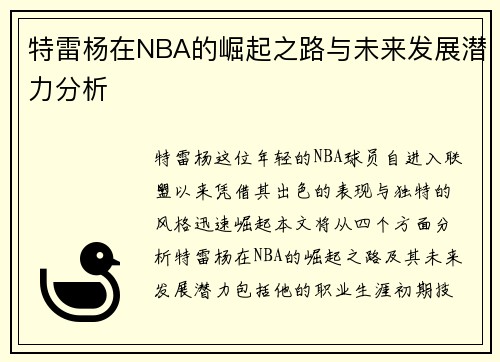 特雷杨在NBA的崛起之路与未来发展潜力分析